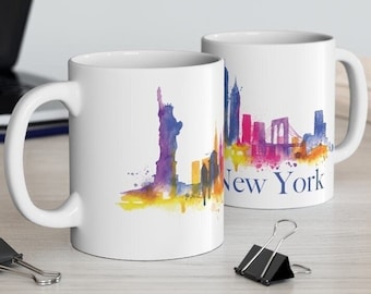 Watercolor New York Mug | Coffee Cup | The Big Apple Skyline Scene | Ceramic Mug 11oz