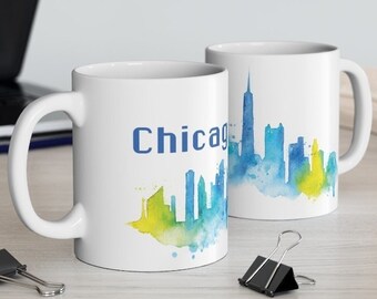 Watercolor Chicago Skyline Mug | Coffee Cup | Windy City Skyline Scene | Sears Tower | Ceramic Mug 11oz