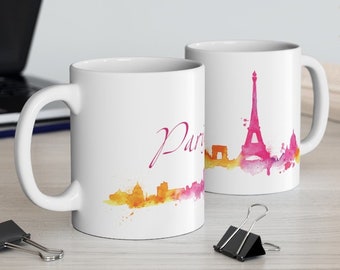 Watercolor Paris Skyline Mug | Coffee Cup | The Eiffel Tower Skyline Scene | Space Needle | Ceramic Mug 11oz