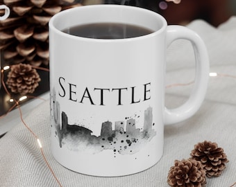 Watercolor Seattle Skyline Mug | Coffee Cup | The Emerald City Skyline Scene | Space Needle | Ceramic Mug 11oz