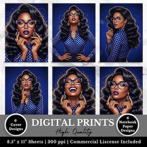 Może przedstawiać: Zestaw sześciu wydruków cyfrowych przedstawiających ilustracje kobiety z ciemnymi włosami, okularami i niebieską koszulą w kropki. Wydruki są na arkuszach 21,6 x 27,9 cm. Tekst brzmi "DIGITAL PRINTS High Quality" i zawiera "6 Cover Designs" oraz "6 Notebook Paper Designs."