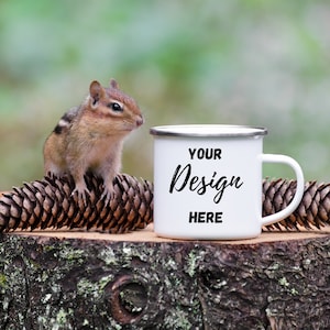 12 OZ ENAMEL CAMP Mug Mockup, Silver rim camp mug mockup,  camping mug mockup photo, Chipmocks, Nature mockup for camp mug