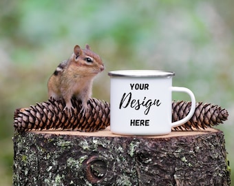 12 OZ ENAMEL CAMP Mug Mockup, Silver rim camp mug mockup,  camping mug mockup photo, Chipmocks, Nature mockup for camp mug