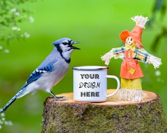 Maqueta de taza de campamento de esmalte de 12 OZ, maqueta de taza de campamento de borde plateado, foto de maqueta de taza de campamento, Chipmocks, maqueta de naturaleza para taza de campamento