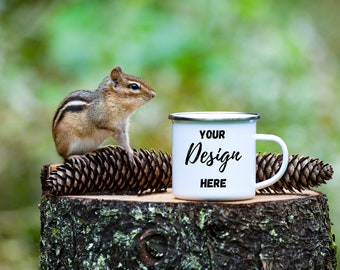 12 OZ ENAMEL CAMP Mug Mockup, Silver rim camp mug mockup,  camping mug mockup photo, Chipmocks, Nature mockup for camp mug