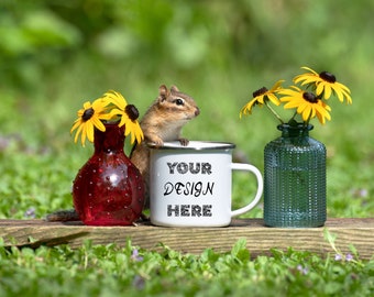 12 OZ ENAMEL CAMP Mug Mockup, Silver rim camp mug mockup,  camping mug mockup photo, Chipmocks, Nature mockup for camp mug