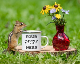 12 OZ ENAMEL CAMP Mug Mockup, Silver rim camp mug mockup,  camping mug mockup photo, Chipmocks, Nature mockup for camp mug