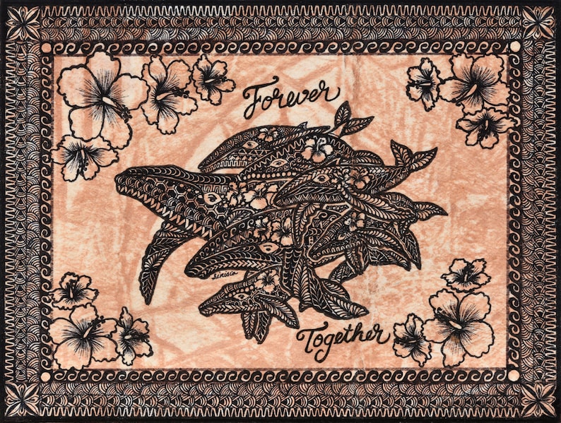 Tapa cloth painting of 7 Whales with 'TOGETHER FOREVER' image 1
