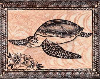 Tapa cloth painting of a Turtle with Plumeria flowers in one corner.