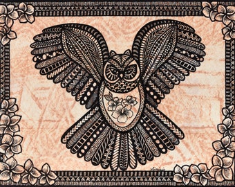 Tapa cloth painting of an Owl with Hibiscus Flowers in its body