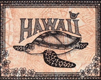 Tapa cloth painting of a Turtle with HAWAII and Shaka.