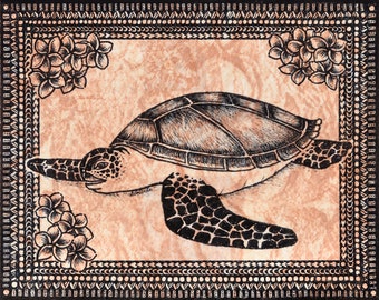 Tapa cloth painting of a Turtle with Plumeria flowers in 3 corners.