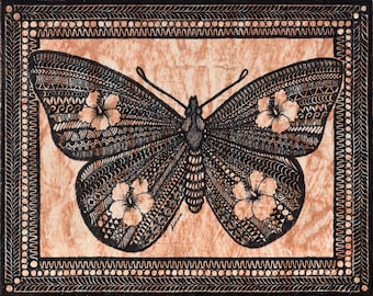 Tapa cloth painting of a Butterfly with Hibiscus flowers on its wings.