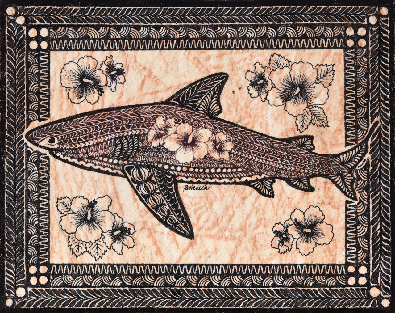 Tapa Cloth Painting of a Shark With Hibiscus Flowers on Its Body. Etsy