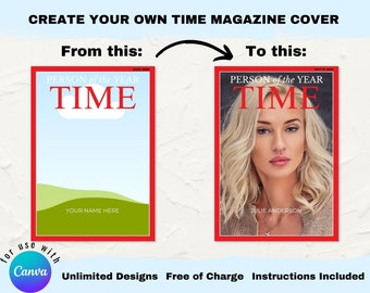 Maqueta de portada de revista TIME: Plantilla editable de Canva (descarga digital)