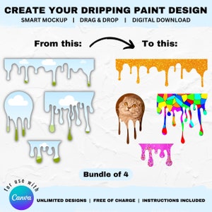 Könnte beinhalten: Ein digitaler Download von vier tropfenden Farbdesigns. Die Designs beinhalten einen goldenen Glitzer, einen Regenbogen, einen rosa Glitzer und eine Katze. Die Designs sind perfekt, um einzigartige und auffällige Projekte zu erstellen.