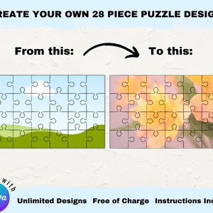Puede incluir: Una plantilla de dise&ntilde;o de rompecabezas de 28 piezas con un cielo azul, nubes blancas y colinas verdes a la izquierda y un primer plano de flores amarillas a la derecha. El texto "Create Your Own 28 Piece Puzzle Design" est&aacute; en la parte superior de la imagen. El texto "From this: To this:" est&aacute; debajo de los dise&ntilde;os de rompecabezas. El texto "for use with Canva" est&aacute; en un c&iacute;rculo morado en la parte inferior izquierda de la imagen. El texto "Unlimited Designs Free of Charge Instructions Included" est&aacute; en la parte inferior de la imagen.