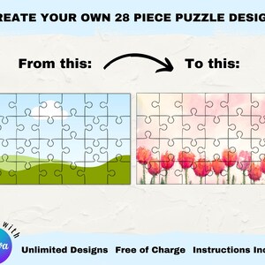 Puede incluir: Un gr&aacute;fico que muestra c&oacute;mo crear un dise&ntilde;o de rompecabezas de 28 piezas utilizando una plataforma de dise&ntilde;o digital. La imagen muestra un paisaje simple con un cielo azul y colinas verdes a la izquierda y una pintura de acuarela de tulipanes rosas a la derecha. El texto "Crea tu propio dise&ntilde;o de rompecabezas de 28 piezas" est&aacute; en la parte superior de la imagen. El texto "De esto" est&aacute; debajo de la imagen del paisaje y el texto "A esto" est&aacute; debajo de la imagen de los tulipanes. El texto "para usar con Canva" est&aacute; en la parte inferior izquierda de la imagen. El texto "Dise&ntilde;os ilimitados Gratis Instrucciones incluidas" est&aacute; en la parte inferior de la imagen.
