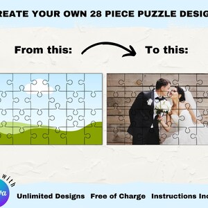 Puede incluir: Una plantilla de dise&ntilde;o de rompecabezas de 28 piezas con un cielo azul, nubes blancas y colinas verdes a la izquierda y una pareja de bodas bes&aacute;ndose sobre un fondo de madera a la derecha. El texto "Create Your Own 28 Piece Puzzle Design" est&aacute; en la parte superior de la imagen. El texto "From this: To this:" est&aacute; debajo de los dise&ntilde;os de rompecabezas. El texto "for use with Canva" est&aacute; en la esquina inferior izquierda. El texto "Unlimited Designs Free of Charge Instructions Included" est&aacute; en la parte inferior de la imagen.