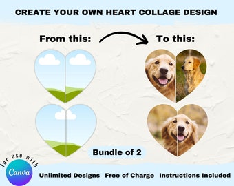 Plantilla de Canva para collage de fotos con forma de corazón, 2 campos de fotos: Diseño de arrastrar y soltar (descarga digital)