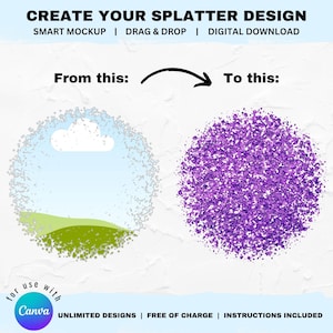 May include: A digital design mockup showing how to create a splatter effect. The image on the left shows a simple landscape with a cloud and a green hill. The image on the right shows the same landscape with a purple splatter effect.