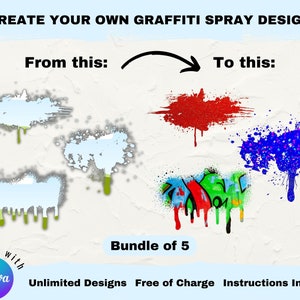 Op de afbeelding: Afbeelding van een graffiti spray design kit. De designelementen gaan over van een lichtblauw spuiteffect naar levendige rode, blauwe en veelkleurige graffiti-kunst. Tekst bevat "Maak je eigen graffiti spray design" en "Bundle of 5".