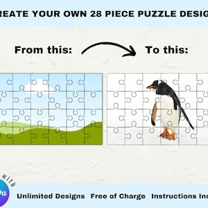 Puede incluir: Una plantilla de dise&ntilde;o de rompecabezas de 28 piezas con un cielo azul, nubes blancas y colinas verdes a la izquierda y un ping&uuml;ino sobre un fondo blanco a la derecha. El texto "Create Your Own 28 Piece Puzzle Design" est&aacute; en la parte superior de la imagen. El texto "From this: To this:" est&aacute; debajo de los dise&ntilde;os de rompecabezas. El texto "for use with Canva" est&aacute; en la parte inferior izquierda de la imagen. El texto "Unlimited Designs Free of Charge Instructions Included" est&aacute; en la parte inferior derecha de la imagen.
