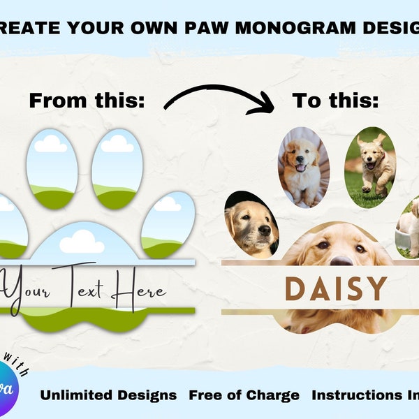 DOG/CAT PAW Smart Mockup with Split Name Monogram to fill with Photo/Design on Canva, Easy Drag & Drop, Commercial Use, Editable Pet Frame