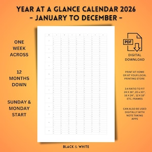 Resumen del año, Calendario anual 2026, Póster del calendario anual, Calendario imprimible de 1 año, Calendario de viaje, Planificador anual con fecha abierta