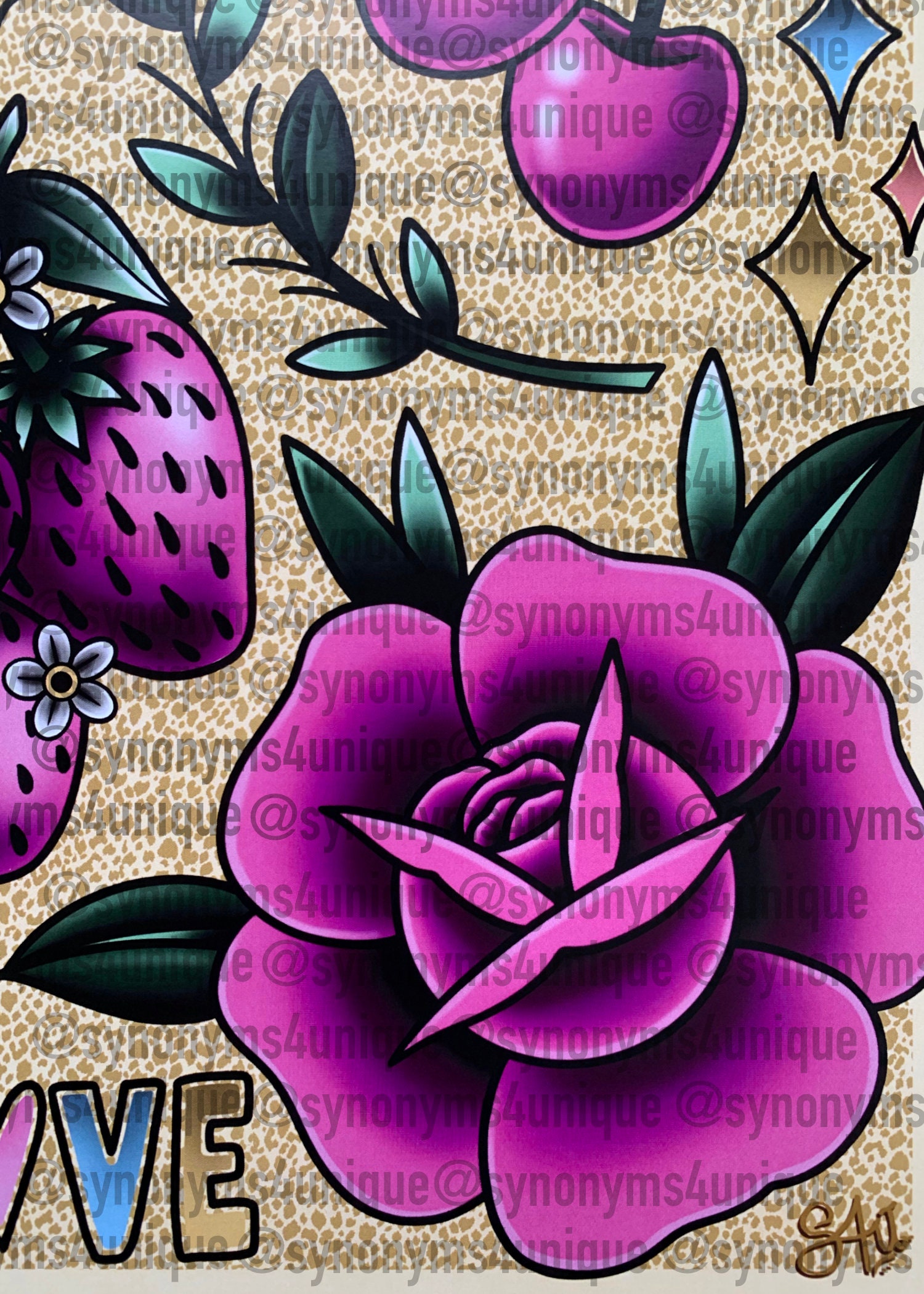 Pink Tattoo Flash Wall Art Print Tattoo Decor Etsy