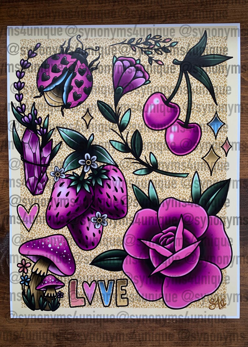 Pink Tattoo Flash Wall Art Print Tattoo Decor Etsy