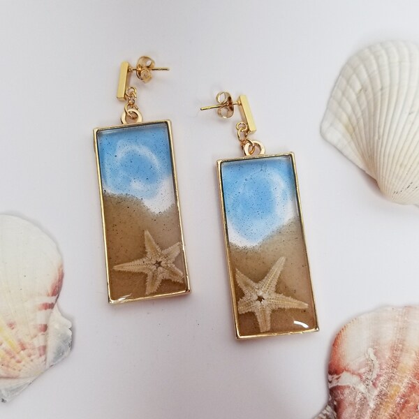 BEACH Resin Earrings. Variety of styles. Natural Starfish & Beach Sand.