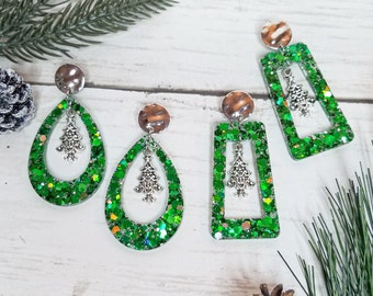 Sparkly Green Christmas Tree Charm Resin Earrings, Handmade, Hypoallergenic, Gifts For Her, Stocking Stuffers