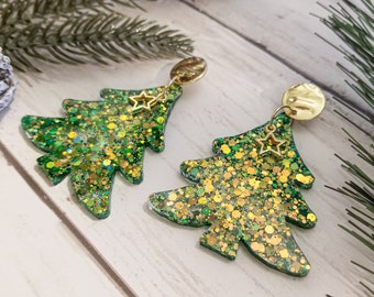 Color Shift GOLD/GREEN Christmas Tree Resin Earrings, Handmade, Hypoallergenic, Holiday Gifts, Stocking Stuffers