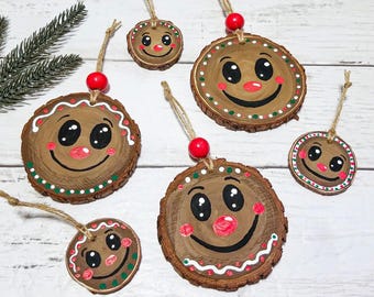 Hand-Painted Gingerbread Man Wood Slice Ornaments, Christmas Tree Decorations