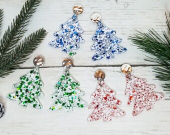 Festive Christmas Tree Earrings, Resin Earrings, Holiday Jewelry, Stocking Stuffers, Hypoallergenic