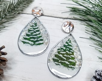 Handmade Snowy Tree Resin Earrings: Winter Holiday Jewelry