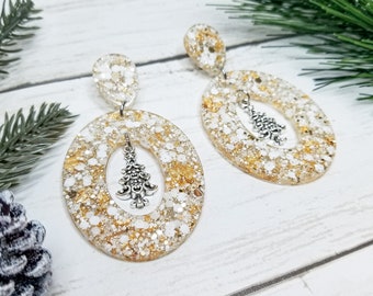 Handmade Christmas Tree Earrings: Gold & White Resin, Hypoallergenic