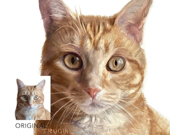 Op de afbeelding: Close-up portret schilderij van een gemberkat met groene ogen. De kat kijkt recht naar de kijker met een nieuwsgierige uitdrukking. Het schilderij is gemaakt in een realistische stijl met zichtbare penseelstreken.