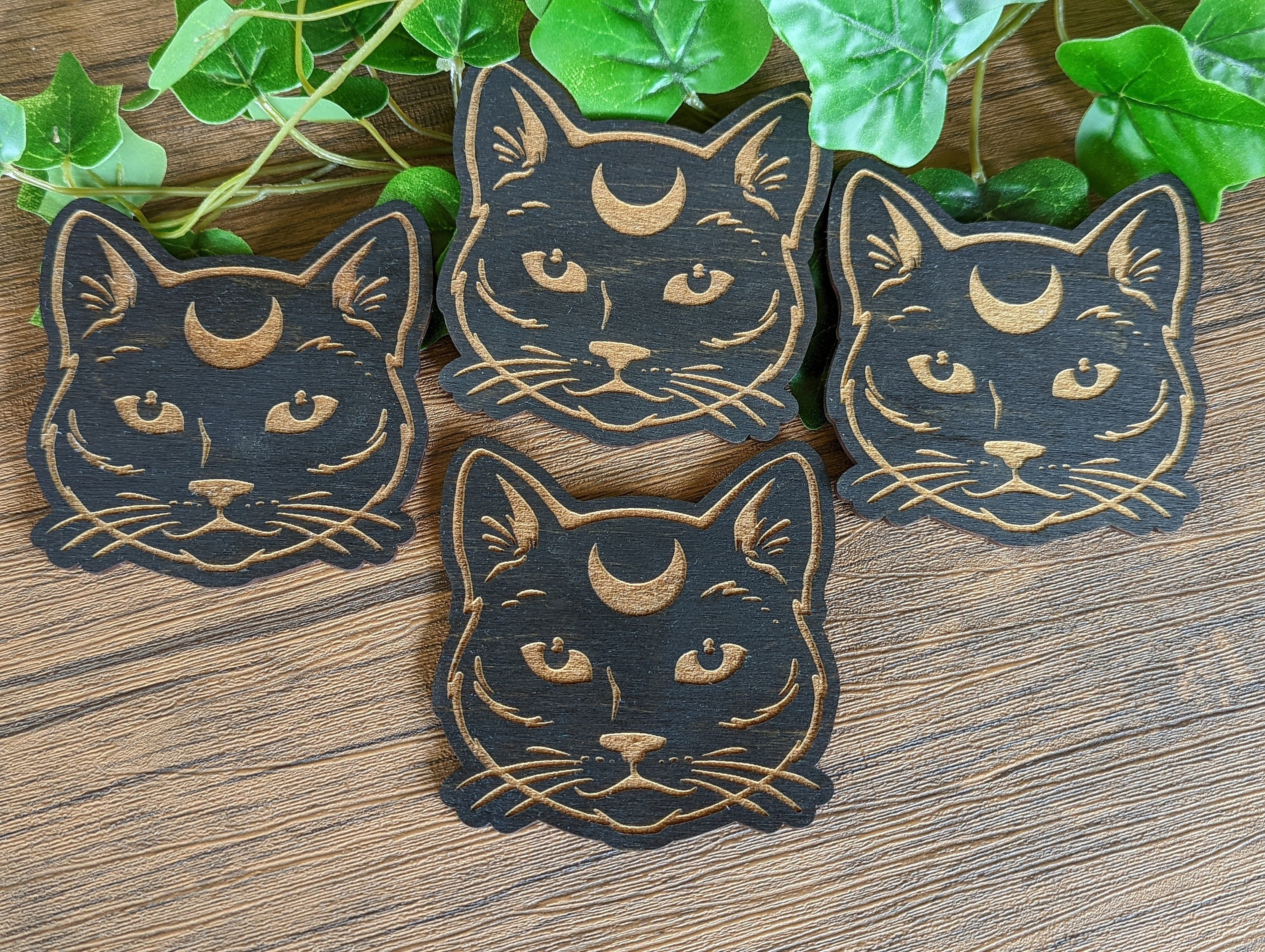 Kitchen Accessory Black Cat Wooden Coasters Housewarming Gifts Set of 4 