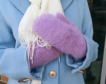 Könnte beinhalten: Ein hellblauer Mantel mit goldenen Knöpfen und einem weißen Schal. Die Person trägt flauschige violette Fäustlinge.