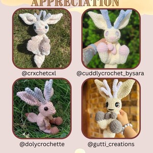 Pu&ograve; includere: Un collage di quattro figure di animali all'uncinetto, con grandi orecchie e corna. Le figure sono in vari colori, tra cui crema, rosa e grigio. Il testo "TESTER APPRECIATION" &egrave; in alto, con i nomi utente dei social media sotto.