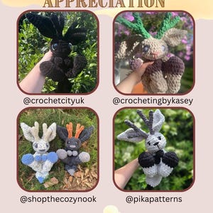 Pu&ograve; includere: L'immagine presenta il testo "TESTER APPRECIATION" sopra quattro peluche all'uncinetto a forma di cervo. I giocattoli, in tonalit&agrave; di nero, marrone, grigio e blu, hanno grandi orecchie e corna. Ogni giocattolo &egrave; presentato su uno sfondo verde.