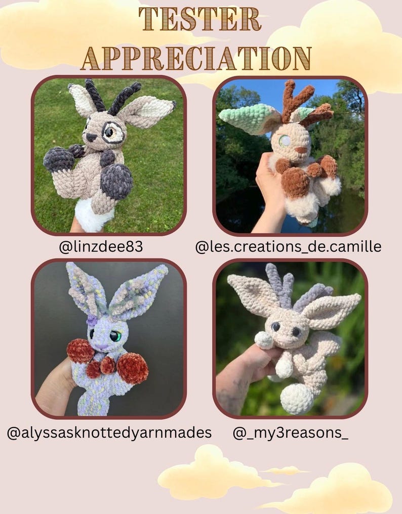 Pu&ograve; includere: Quattro bambole di animali all'uncinetto fatte a mano con grandi orecchie e corna, in vari colori tra cui beige, marrone e lavanda. Il testo "TESTER APPRECIATION" &egrave; nella parte superiore dell'immagine.
