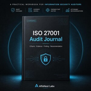 May include: A black A4 workbook titled ISO 27001 Audit Journal with a blue shield and padlock icon. The cover features the text Criteria, Evidence, Finding, Recommendation and headers for Audit Focused, Evidence Driven, Findings That Matter, and Actionable Recommendations.