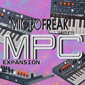 May include: Three Arturia MicroFreak synthesisers with black chassis, white keys, and orange knobs are displayed against a vibrant purple and pink textured background. The text reads MICROFREAK PRESETS MPC EXPANSION in bold white and black lettering.