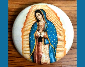 Przypinka z motywem Matki Bożej z Guadalupe 1,25", Błogosławiona Dziewica Maryja, katolicka, chrześcijańska, Jezus, religijna, przypinka maryjna