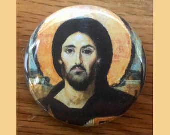 Jesus Christ 1.25" pinback button, religious, Byzantine icon, Catholic, Orthodox Christian pin
