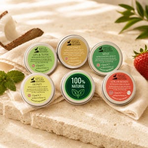 Naturliga läppbalsam * Gin & Tonic * Mynta * Jordgubb * Honung * Kokos (petroleumfri)