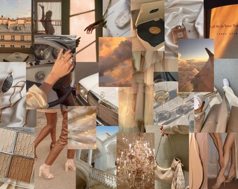 May include: A collage of images in beige, brown, and white tones. The images include a vintage car, a book titled "Call Me By Your Name", a glass of champagne, a pair of sunglasses, a chandelier, and a woman's legs wearing high heels.